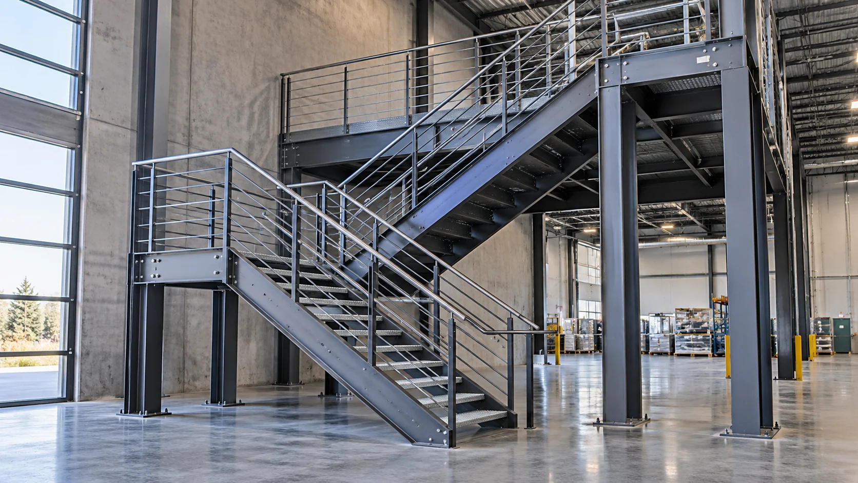 Escalera industrial metálica de dos tramos con barandales en bodega