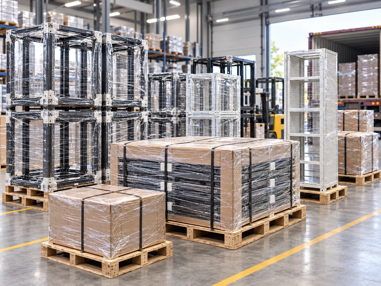 Representative metal frames wrapped for logistics